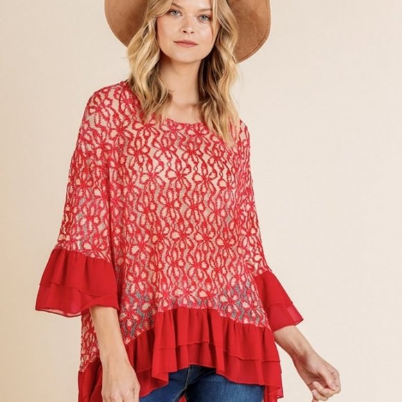 Umgee Tops - 🎈Umgee Red Floral Mesh Ruffle Sleeve Top